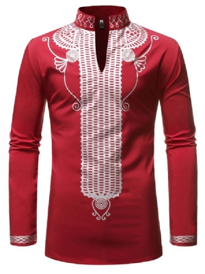 Camisa Slim Masculina De Gola Étnica Com Suporte Geométrico