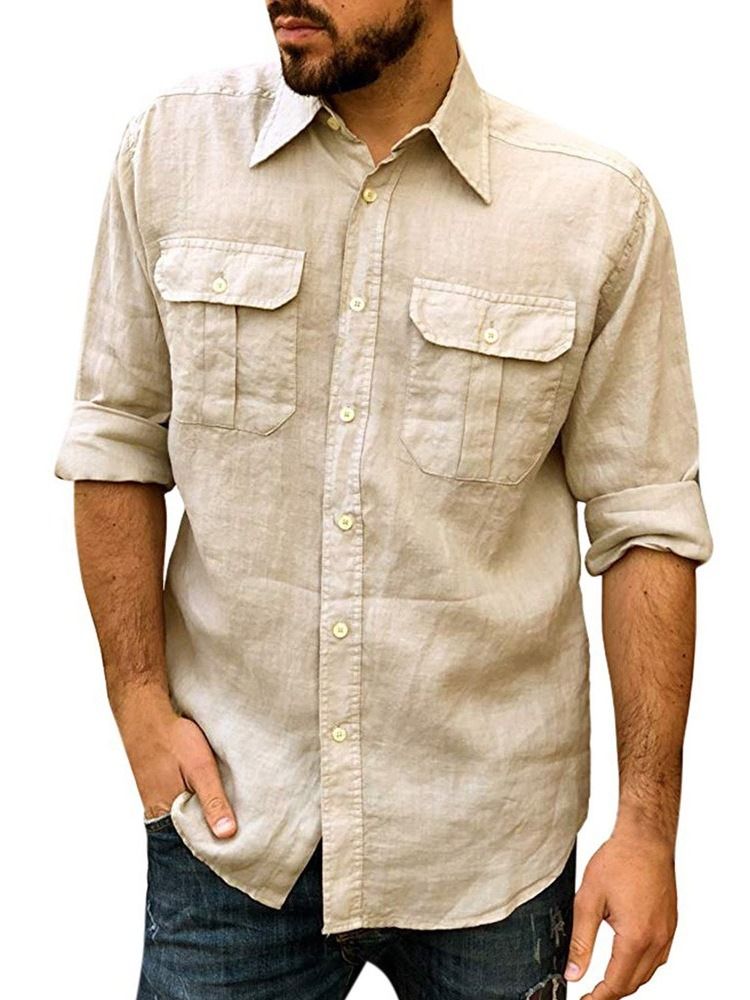 Camisa Slim Masculina Micro-elástica Com Botão Liso De Lapela