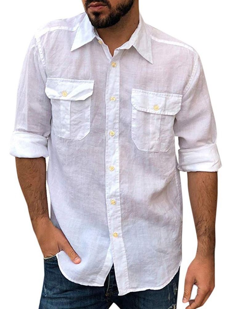 Camisa Slim Masculina Micro-elástica Com Botão Liso De Lapela