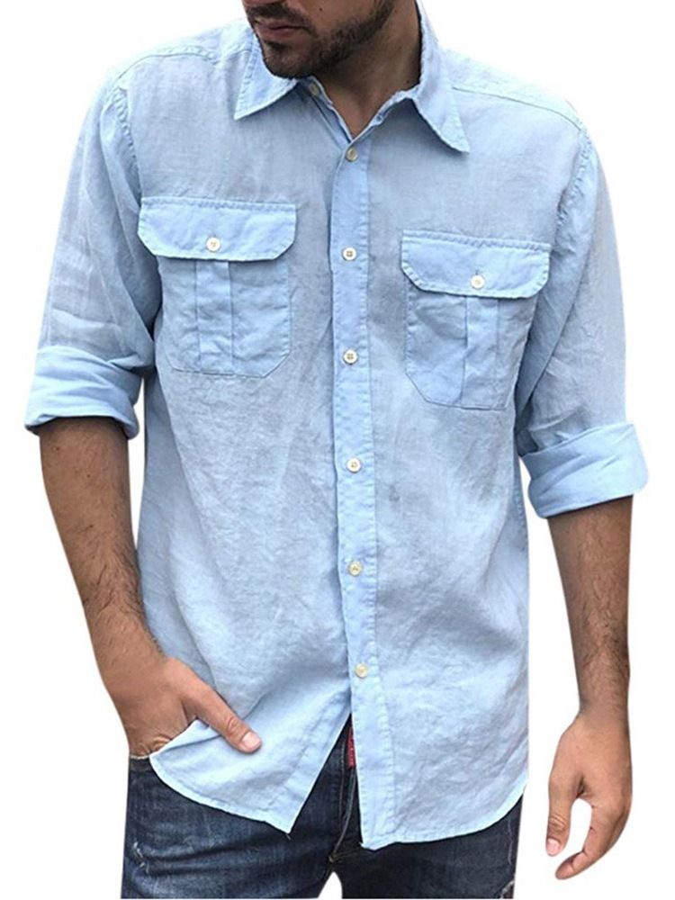 Camisa Slim Masculina Micro-elástica Com Botão Liso De Lapela