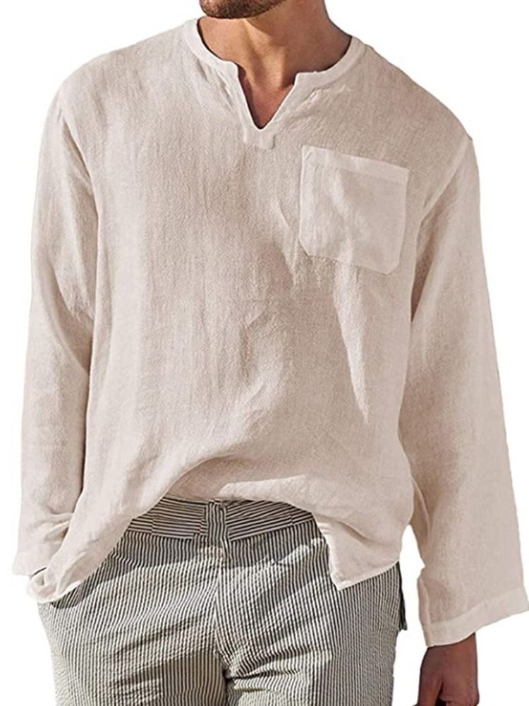 Camisa Solta Masculina De Colarinho Liso De Bolso