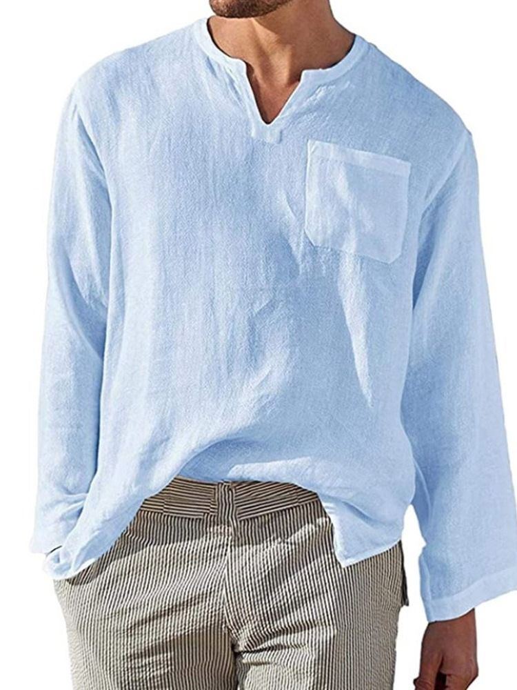 Camisa Solta Masculina De Colarinho Liso De Bolso