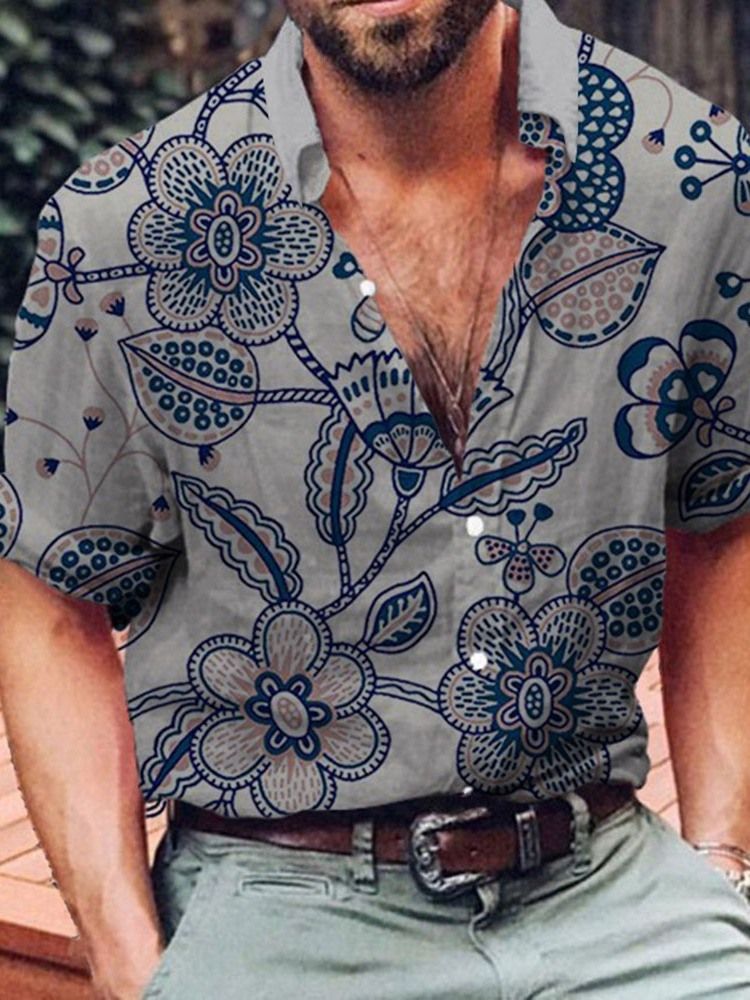 Camisa Solta Masculina Com Estampa Floral De Lapela