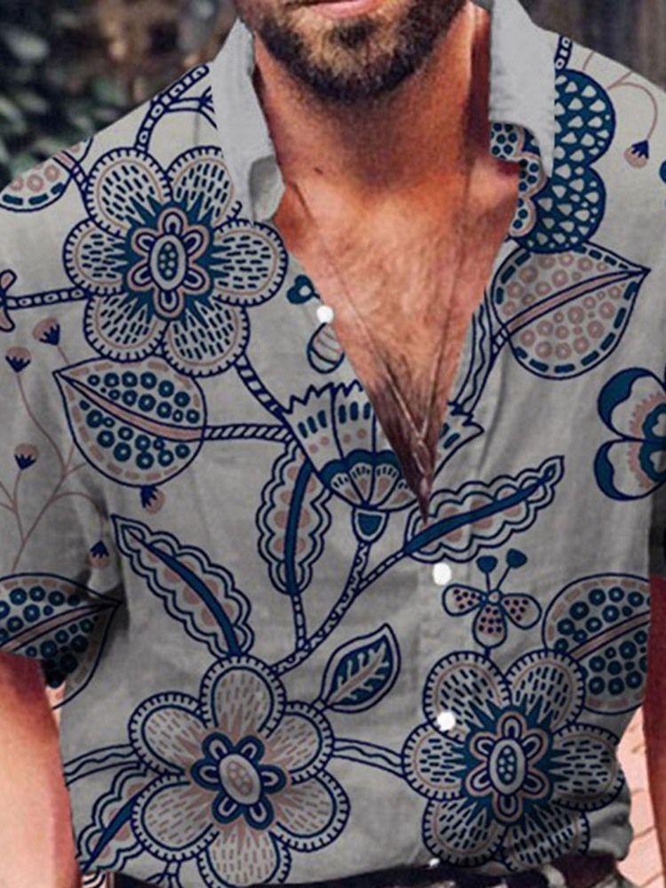 Camisa Solta Masculina Com Estampa Floral De Lapela