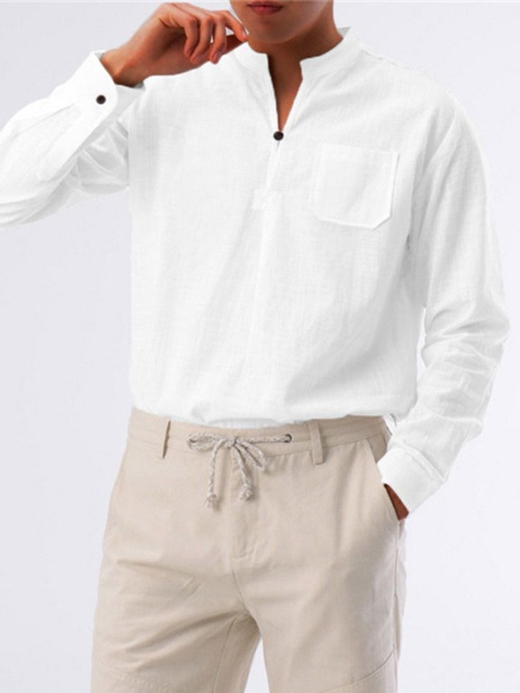 Camisa Solta Masculina Coreana Com Bolso Liso