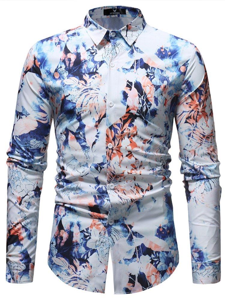 Camisas Masculinas Com Estampa Floral De Botões E Bolas Casuais