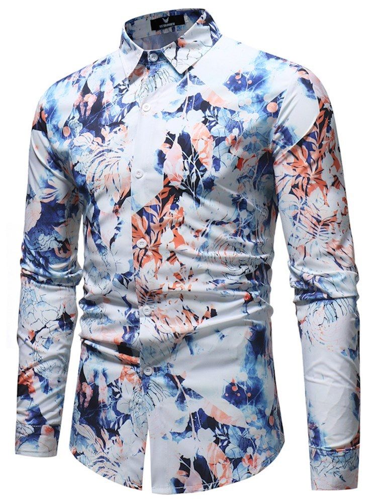 Camisas Masculinas Com Estampa Floral De Botões E Bolas Casuais