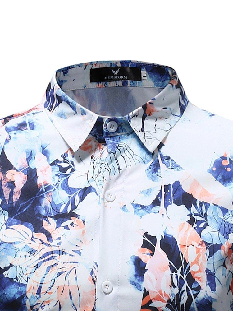 Camisas Masculinas Com Estampa Floral De Botões E Bolas Casuais