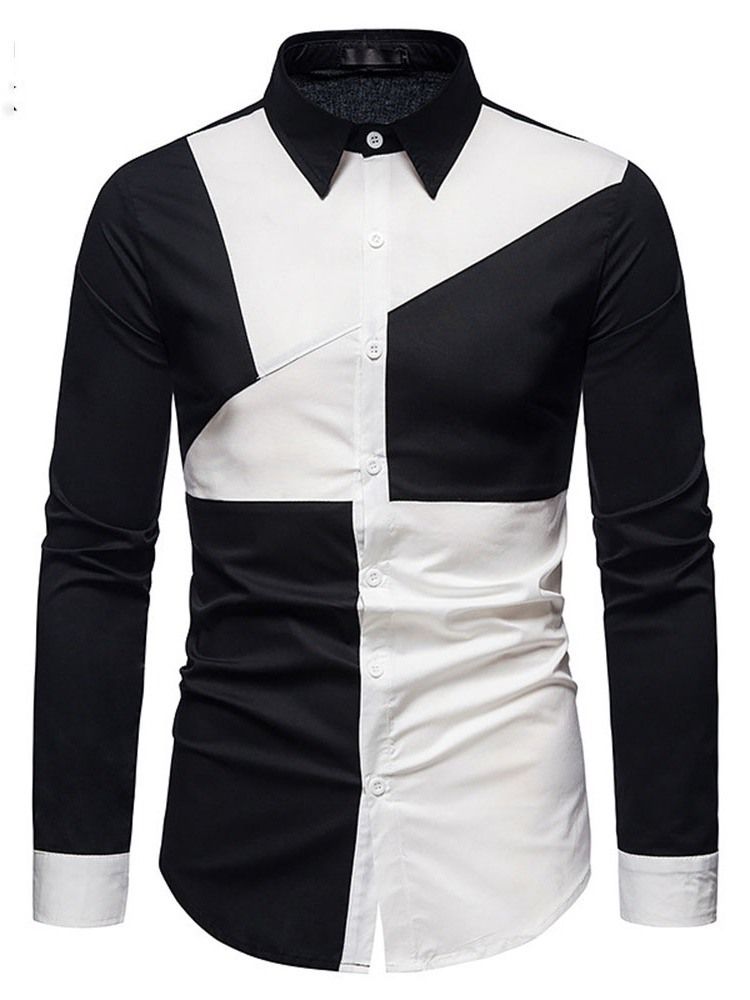 Color Block Casual Assimétrico Masculino Camisa Slim Spring