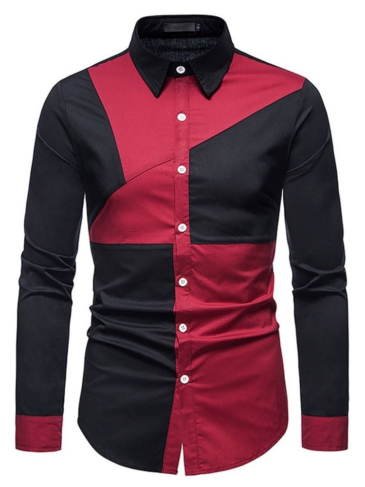 Color Block Casual Assimétrico Masculino Camisa Slim Spring