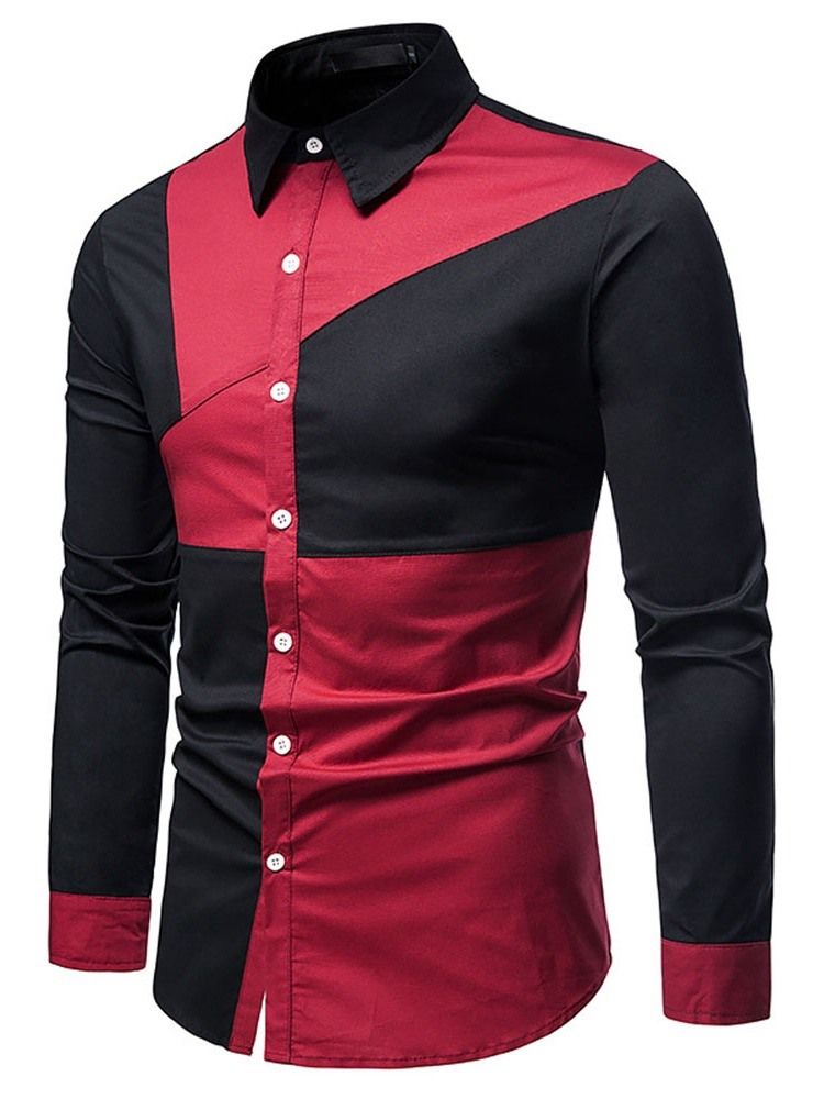 Color Block Casual Assimétrico Masculino Camisa Slim Spring