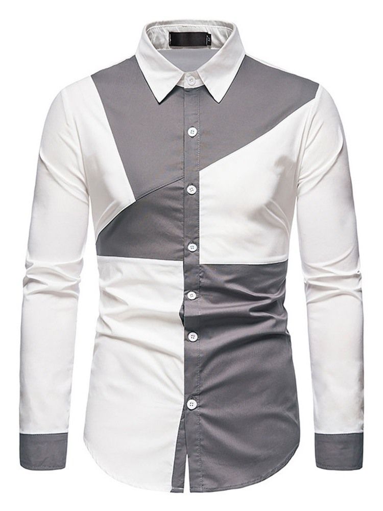 Color Block Casual Assimétrico Masculino Camisa Slim Spring