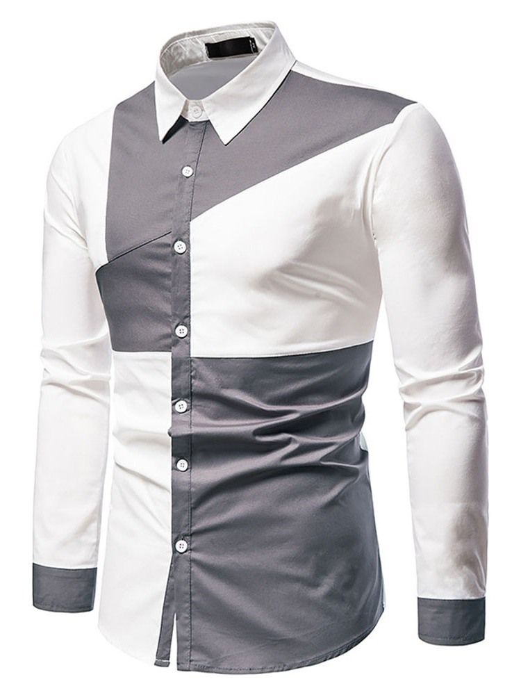 Color Block Casual Assimétrico Masculino Camisa Slim Spring