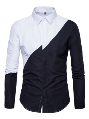 Color Block Lapel Patchwork Slim Camiseta Masculina De Peito Único