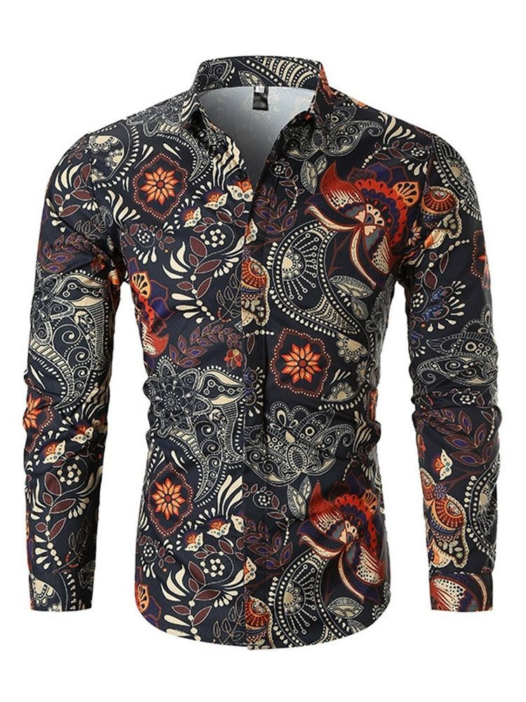 Lapel Fashion Print Slim Masculino Camisa