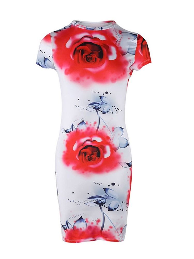 Bodycon Feminino Acima Do Joelho Estampado Floral Em Volta Do Pescoço Vestido De Verão De Cintura Média