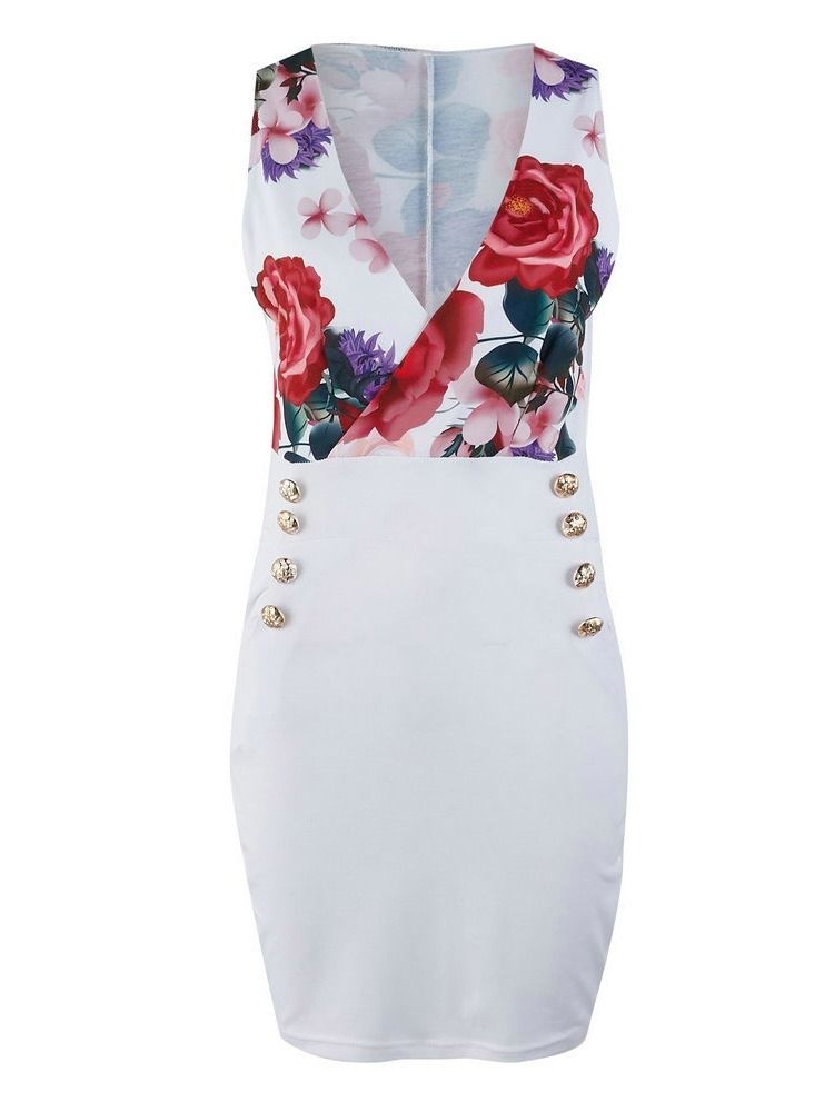 Bodycon Feminino Floral Patchwork Bolso Com Decote Em V Acima Do Vestido