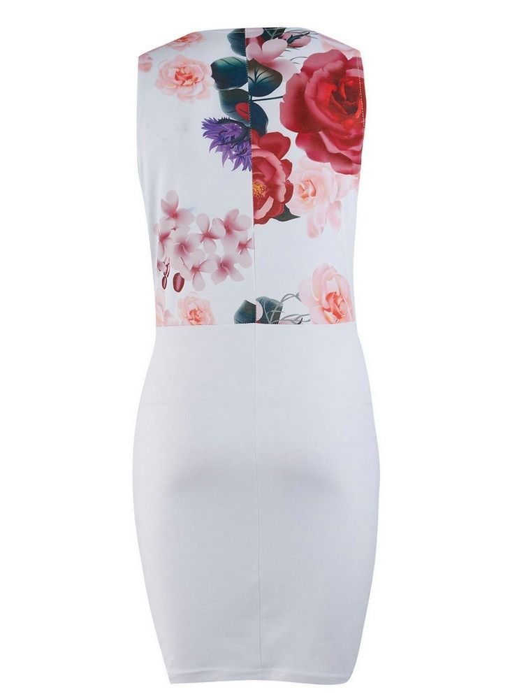 Bodycon Feminino Floral Patchwork Bolso Com Decote Em V Acima Do Vestido