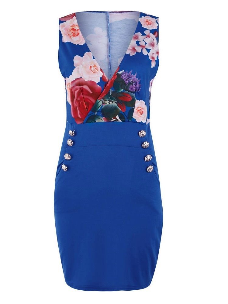 Bodycon Feminino Floral Patchwork Bolso Com Decote Em V Acima Do Vestido