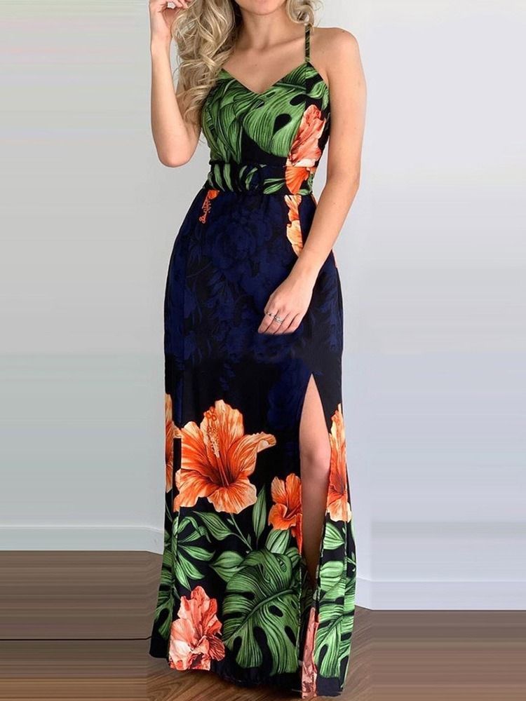 Bodycon Feminino Sem Mangas Dividido Com Decote Em V Vestido Bodycon Floral Da Moda