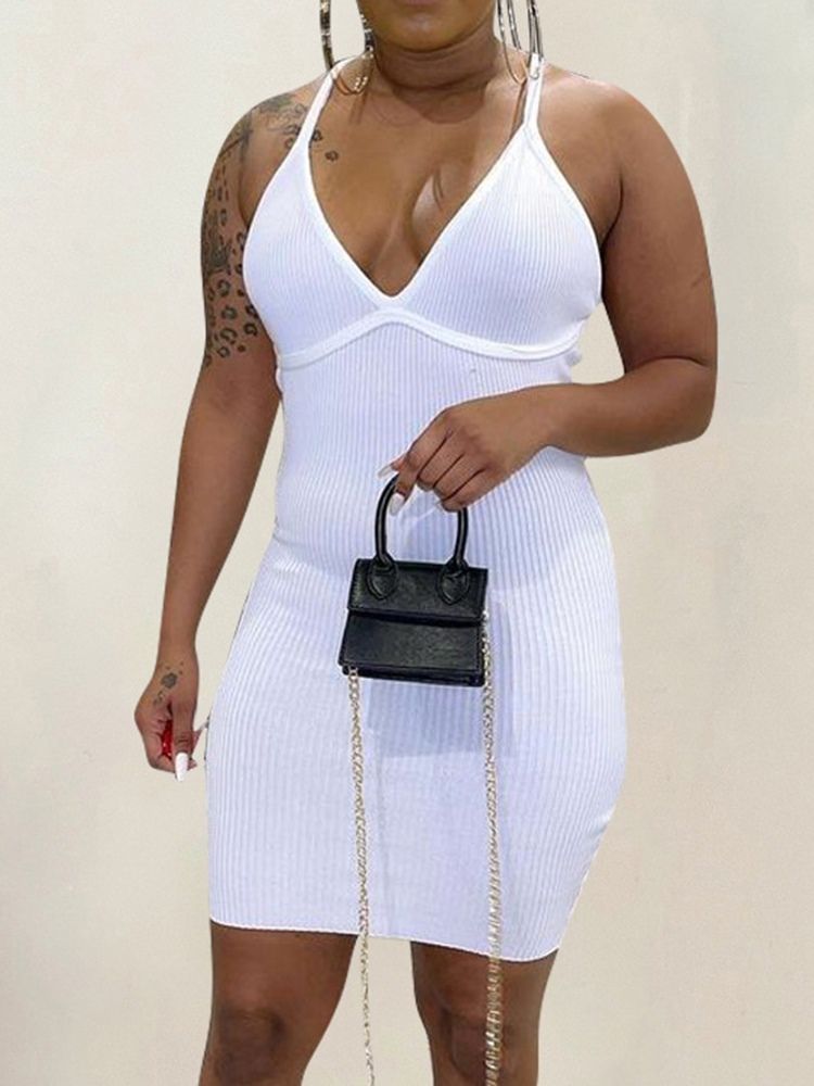 Feminino Decote Em V Sem Mangas Acima Do Joelho Pulôver Vestido Liso Bodycon