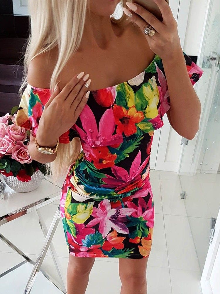 Feminino Estampa Floral Sem Ombros Acima Do Joelho Bodycon Vestido Normal