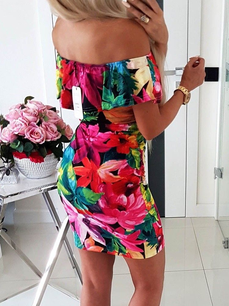 Feminino Estampa Floral Sem Ombros Acima Do Joelho Bodycon Vestido Normal