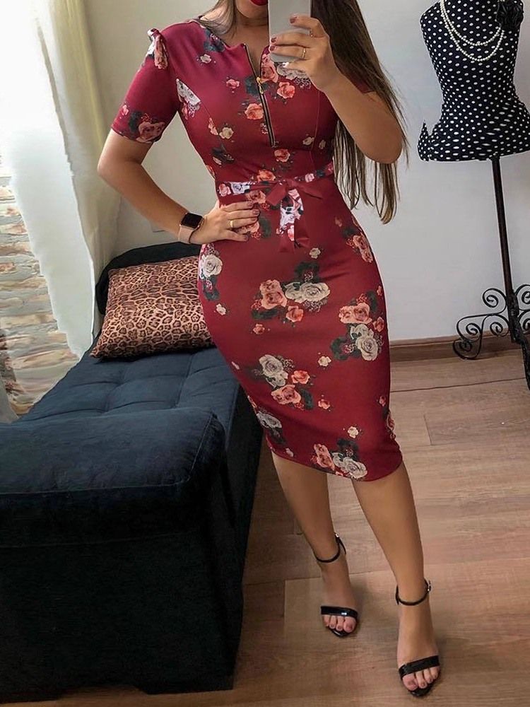 Feminino Estampa Meia Panturrilha Manga Curta Em Volta Do Pescoço Bodycon Fashion Dress