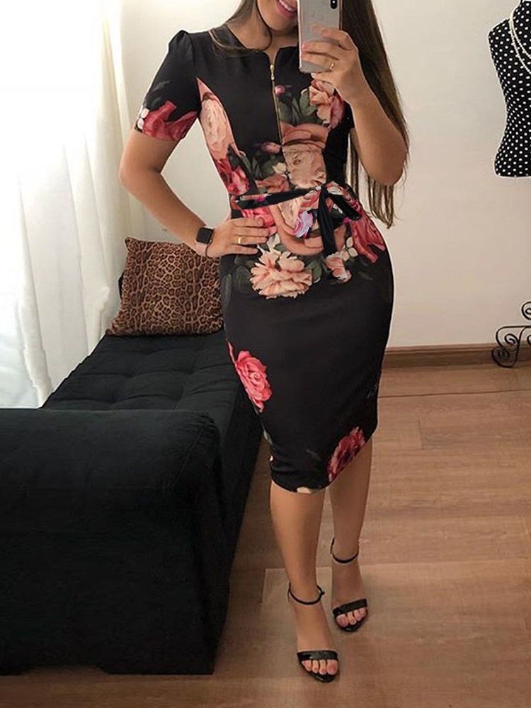 Feminino Estampa Meia Panturrilha Manga Curta Em Volta Do Pescoço Bodycon Fashion Dress