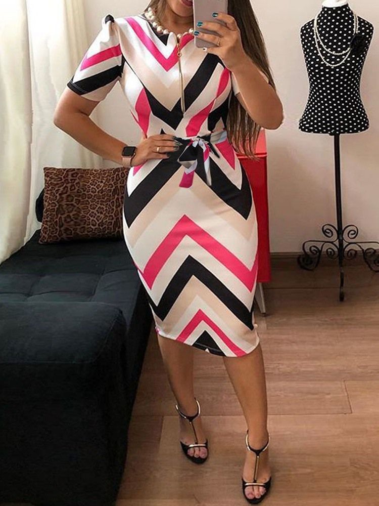 Feminino Estampa Meia Panturrilha Manga Curta Em Volta Do Pescoço Bodycon Fashion Dress