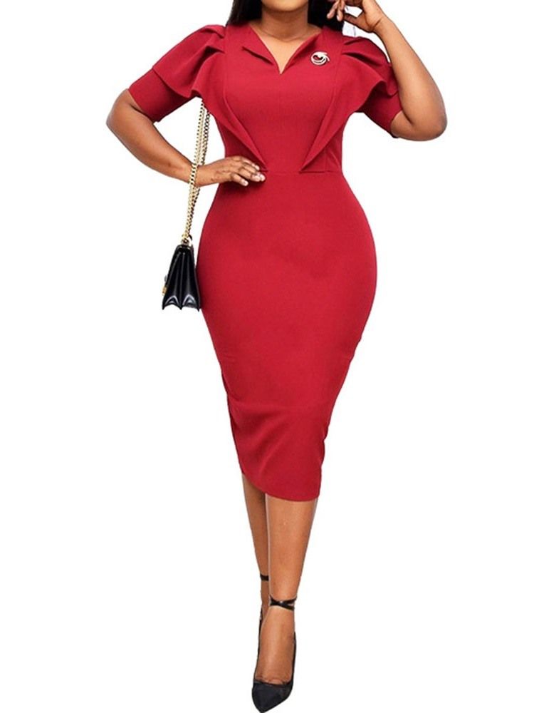 Feminino Panturrilha Curta Manga Curta Decote Em V Office Lady Pencil Bodycon Vestido