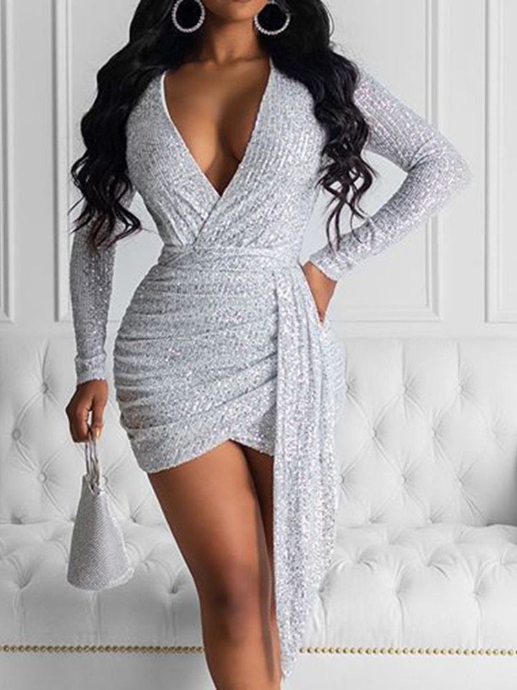 Lantejoulas Com Decote Em V De Manga Comprida Vestido Bodycon Feminino Sexy