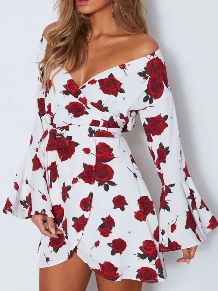 Manga Comprida Estampada Acima Do Joelho Moda Feminina Vestido Floral