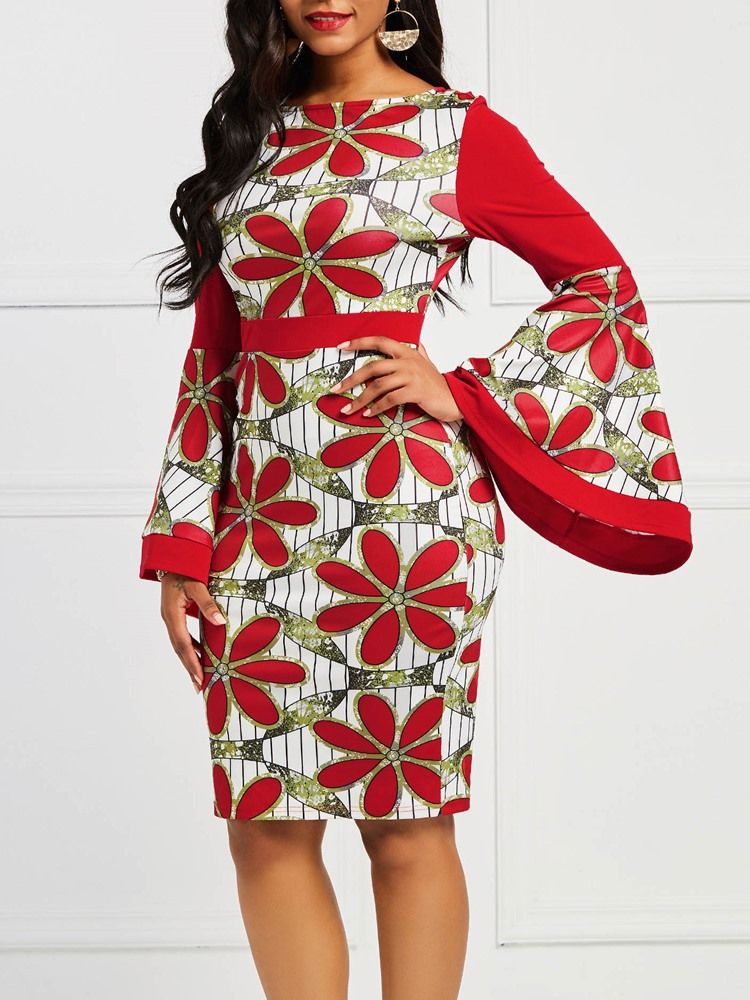 Moda Africana Feminina Cor Floral Bloco Flare Vestido Bodycon