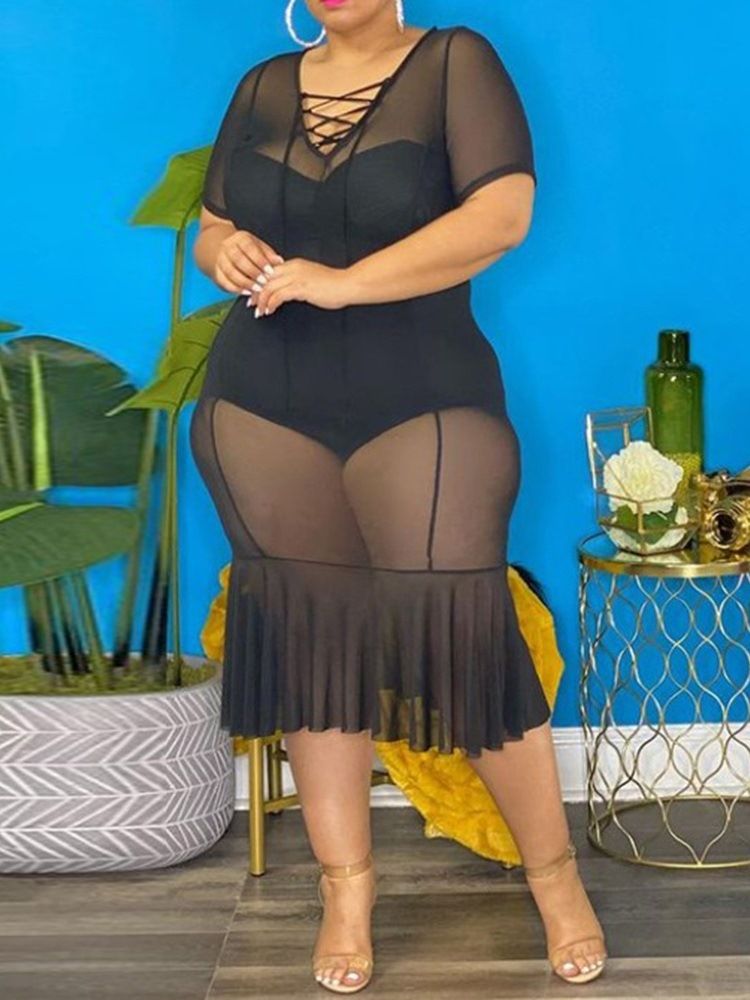 Pulôver Feminino Com Decote Em V Transparente Vestido Bodycon Plus Size