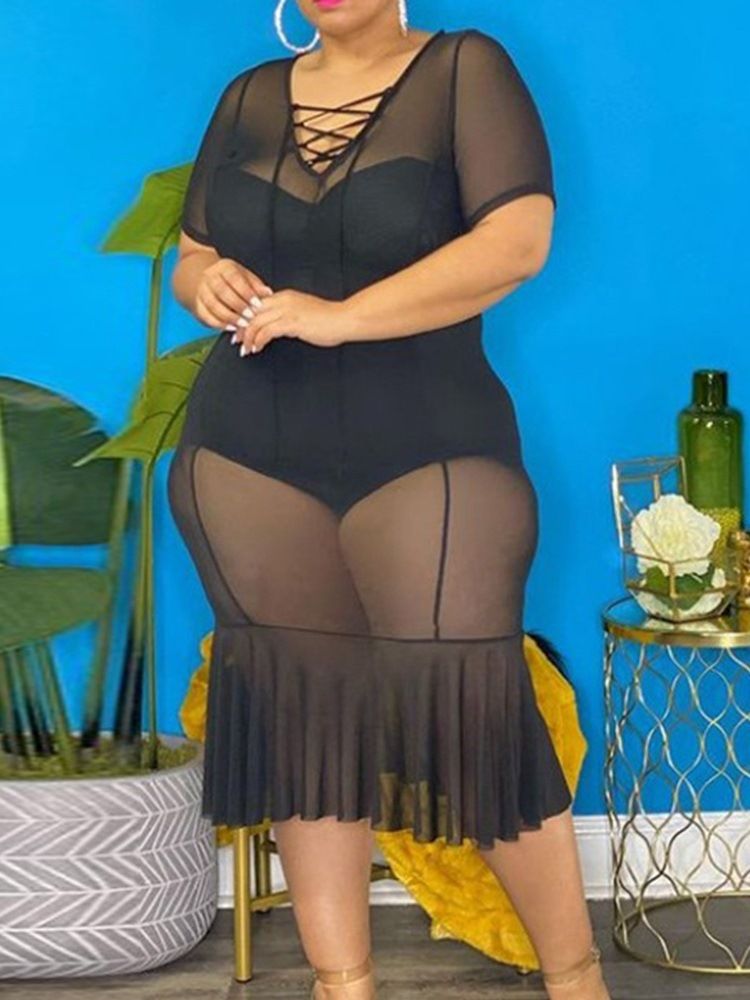 Pulôver Feminino Com Decote Em V Transparente Vestido Bodycon Plus Size