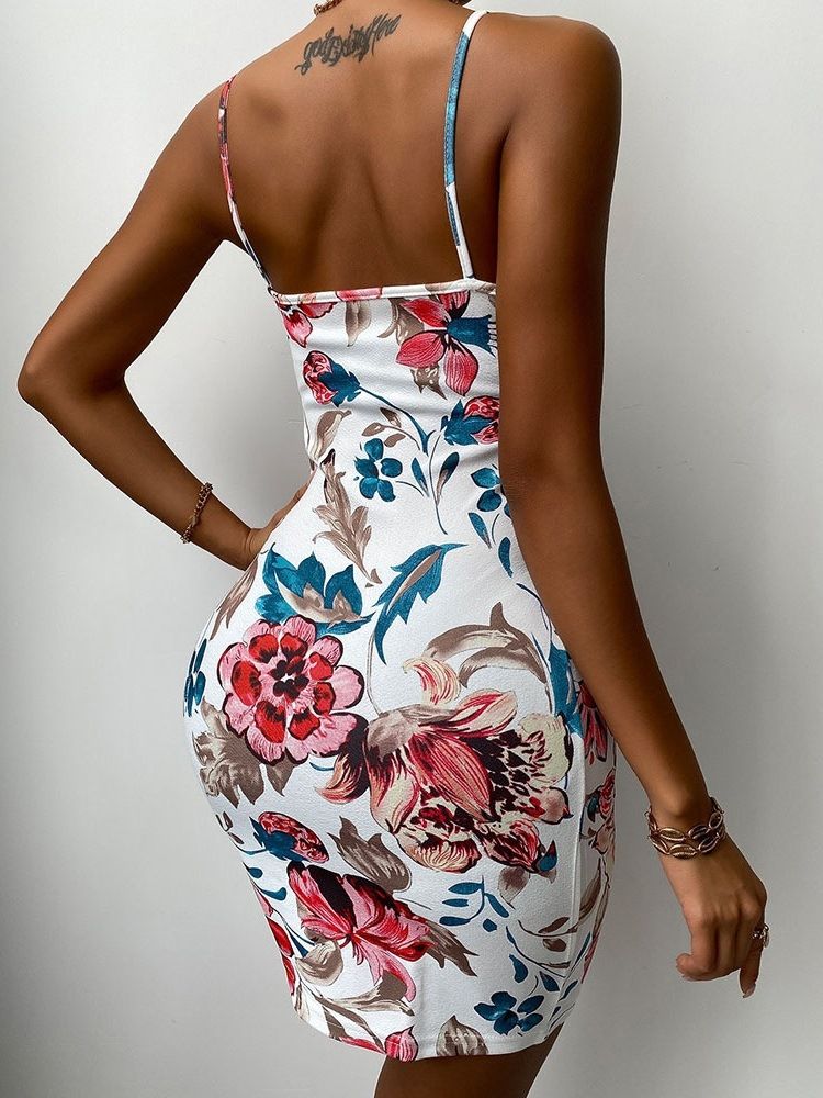 Pulôver Feminino Com Estampa Acima Do Joelho Sem Mangas Vestido Com Alça Espaguete Floral Bodycon