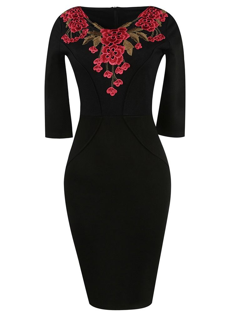 Top Feminino Bordado Em Flores Liso Com Mangas De 3 4 Comprimento Vestido Bodycon