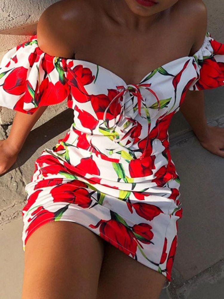 Vestido Bodycon Feminino Com Estampa De Manga Curta Acima Do Joelho