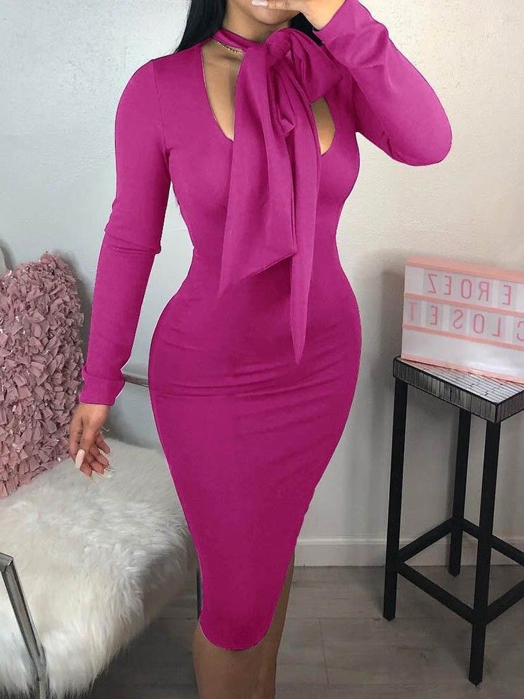 Vestido Bodycon Feminino De Manga Comprida Meia Panturrilha Com Cordões