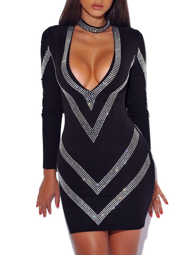 Vestido Bodycon Feminino De Manga Comprida Strass