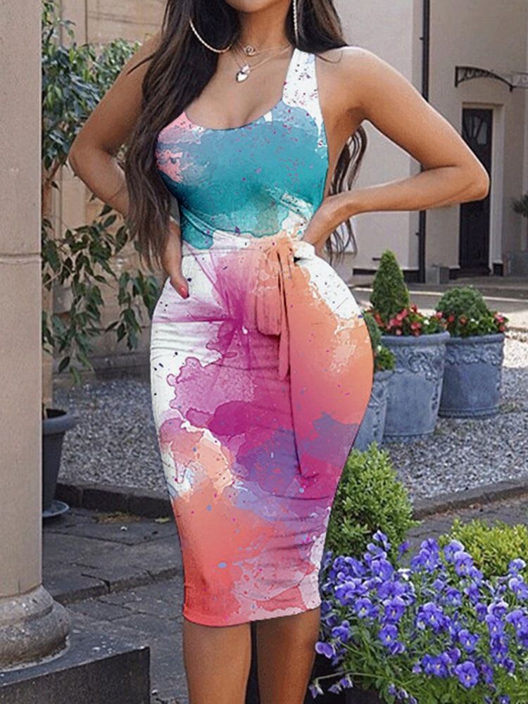 Vestido Bodycon Feminino De Panturrilha Meio Tie-dye Sem Mangas