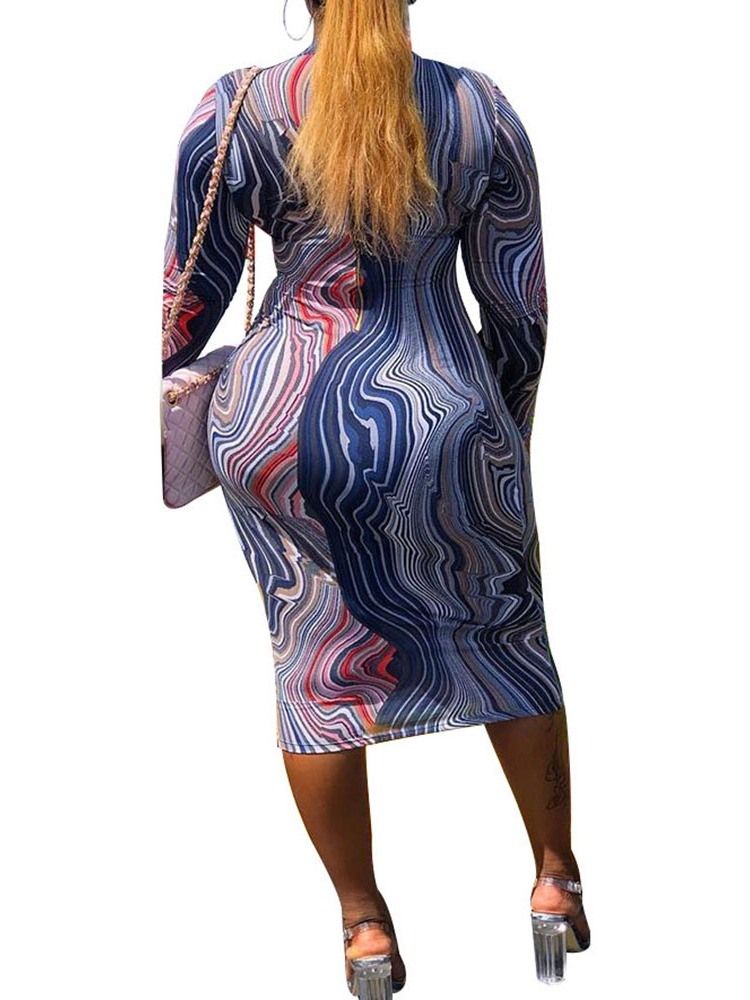 Vestido Bodycon Regular Feminino Com Estampa De Manga Longa Na Panturrilha