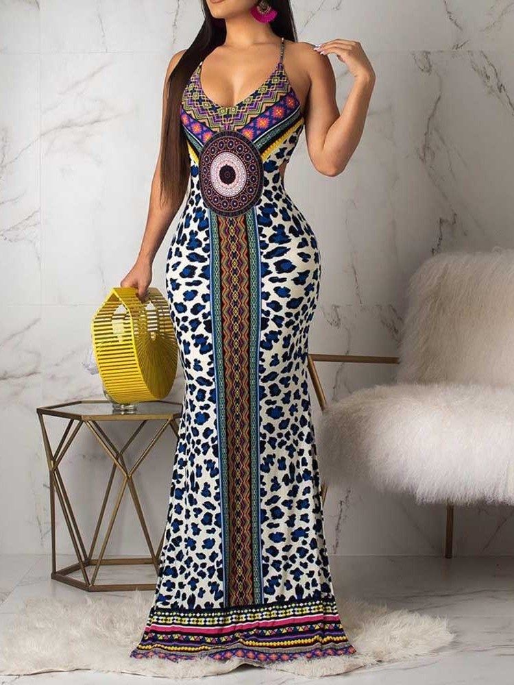 Vestido Da Moda Africana Feminina Até O Chão Sem Mangas Bodycon Geométrico