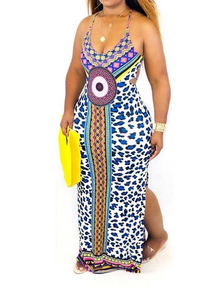 Vestido Da Moda Africana Feminina Até O Chão Sem Mangas Bodycon Geométrico