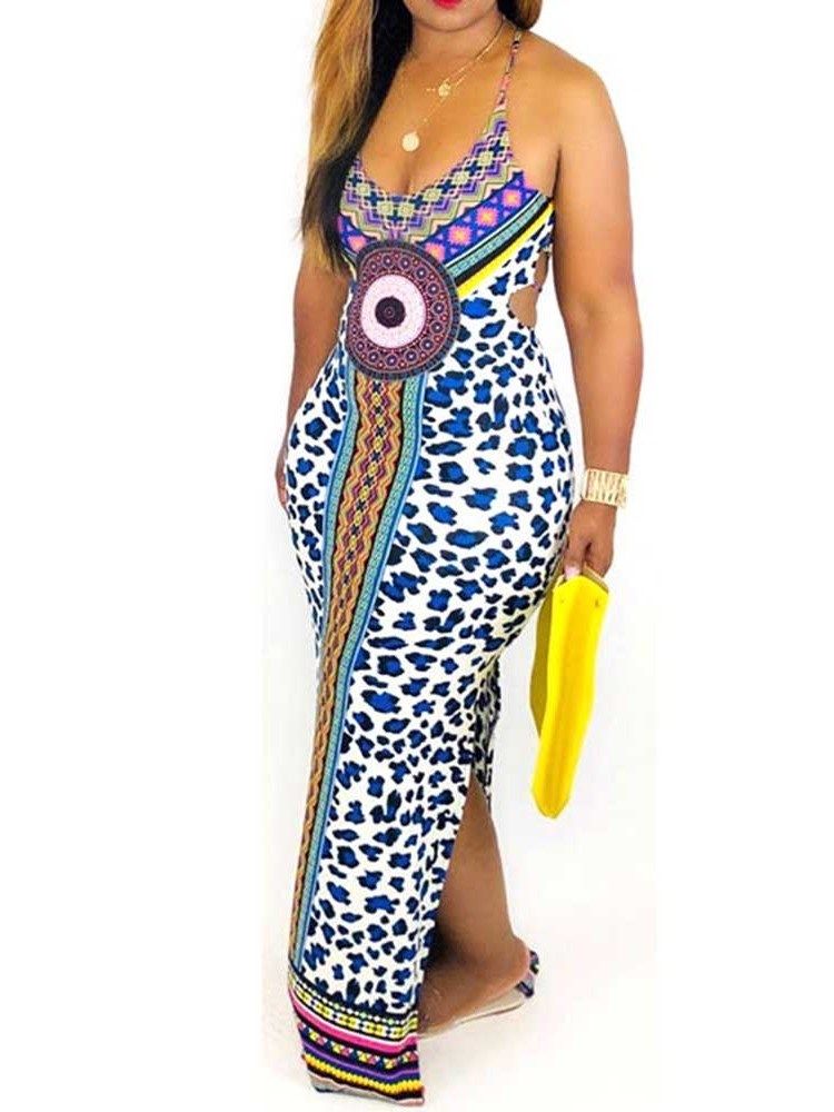 Vestido Da Moda Africana Feminina Até O Chão Sem Mangas Bodycon Geométrico