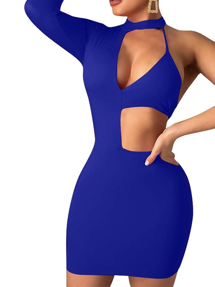 Vestido Feminino Acima Do Joelho Com Gola Longa Manga Comprida Bodycon Um Ombro