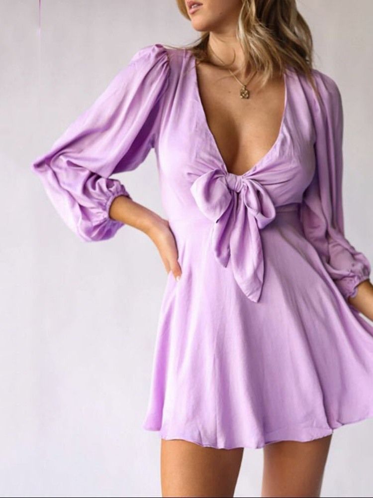 Vestido Feminino Acima Do Joelho Com Manga Três Quartos Bowknot Liso Linha A