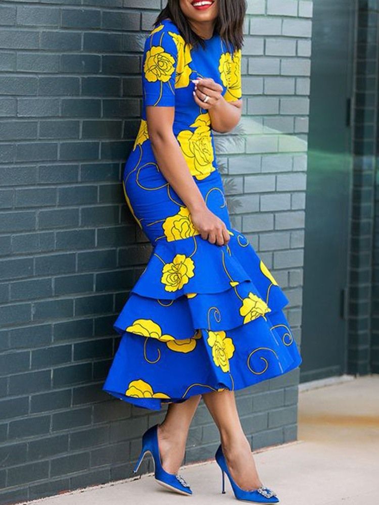 Vestido Feminino Africano Com Babados Floral Estampado Em Volta Do Pescoço