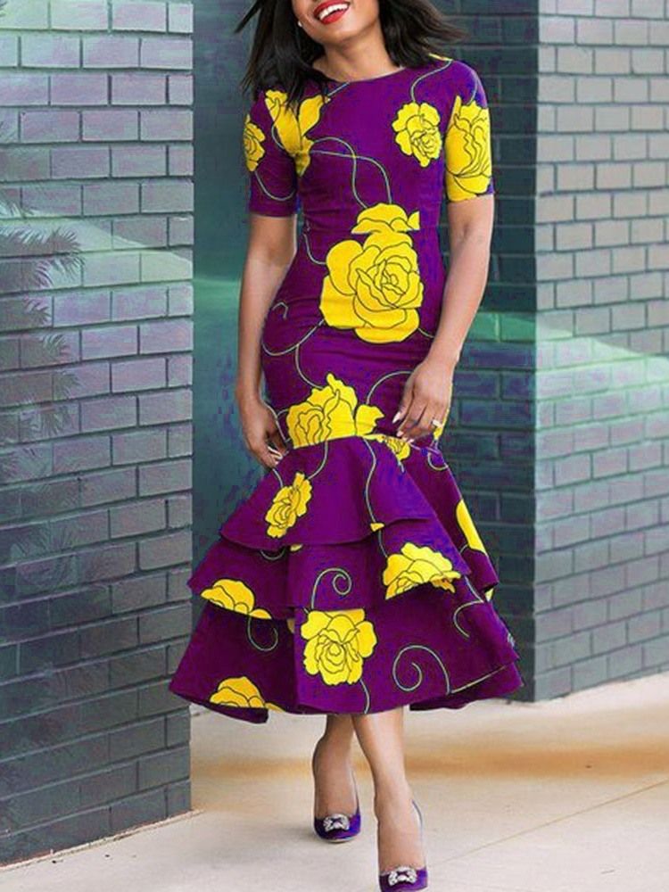 Vestido Feminino Africano Com Babados Floral Estampado Em Volta Do Pescoço